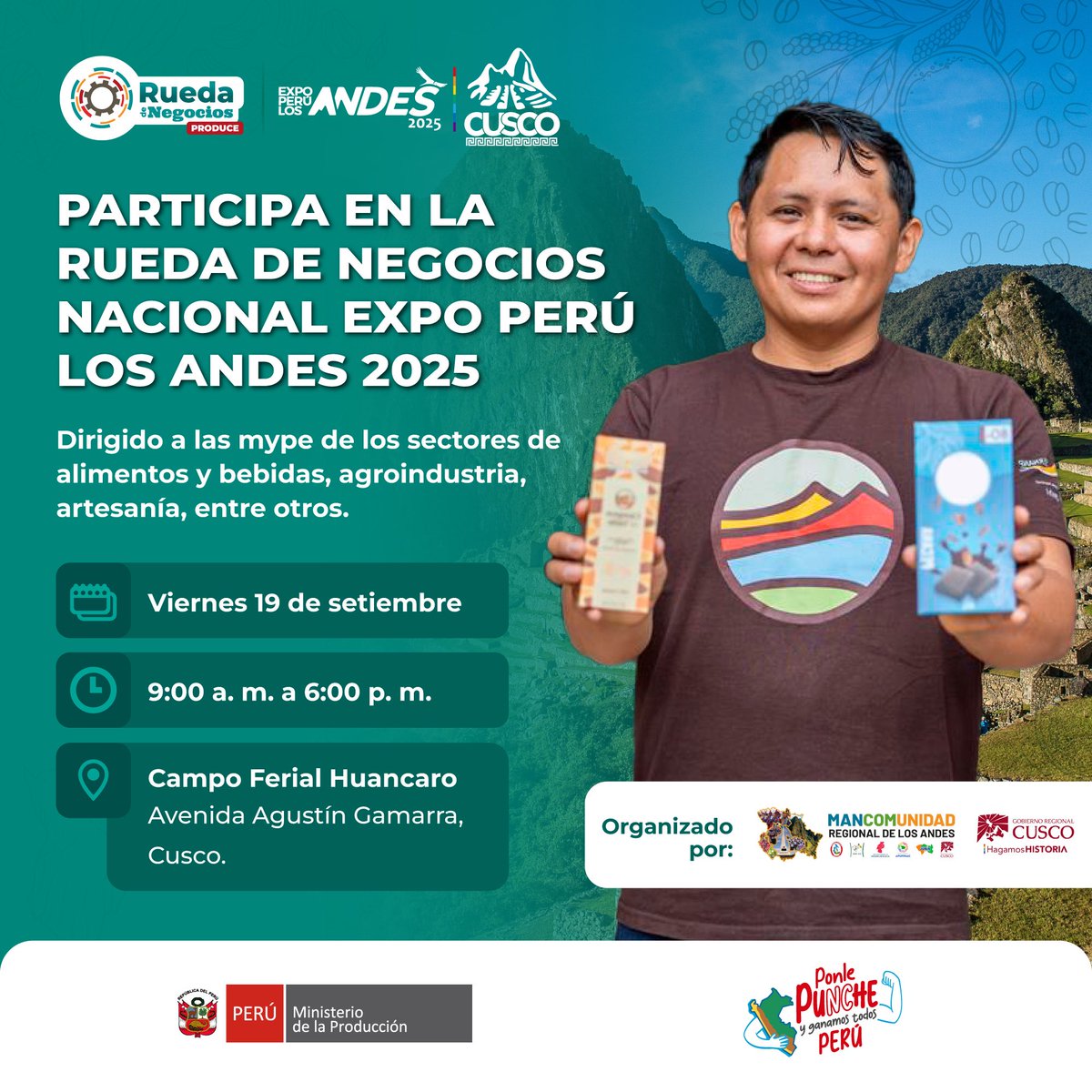 📣 ¡Atención, MYPE! Participa en la Rueda de Negocios Nacional Expo Perú Los Andes 2025 en Cusco y conecta con grandes compradores para concretar nuevas oportunidades comerciales. 🇵🇪🤝

En este espacio, podrás reunirte de forma directa con empresas interesadas en tu rubro. 💼🌍