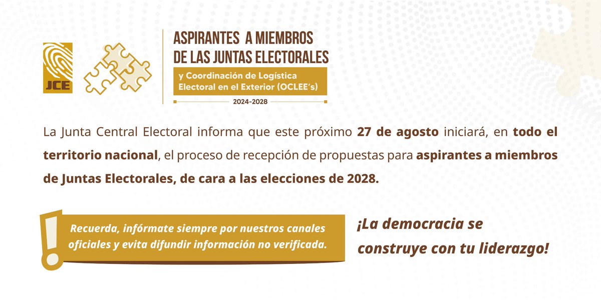 La Junta Central Electoral informa que este próximo 27 de agosto iniciará, en todo el territorio nacional, el proceso de recepción de propuestas para aspirantes a miembros de Juntas Electorales, de cara a las elecciones de 2028.

Los requisitos para ser miembros de Juntas