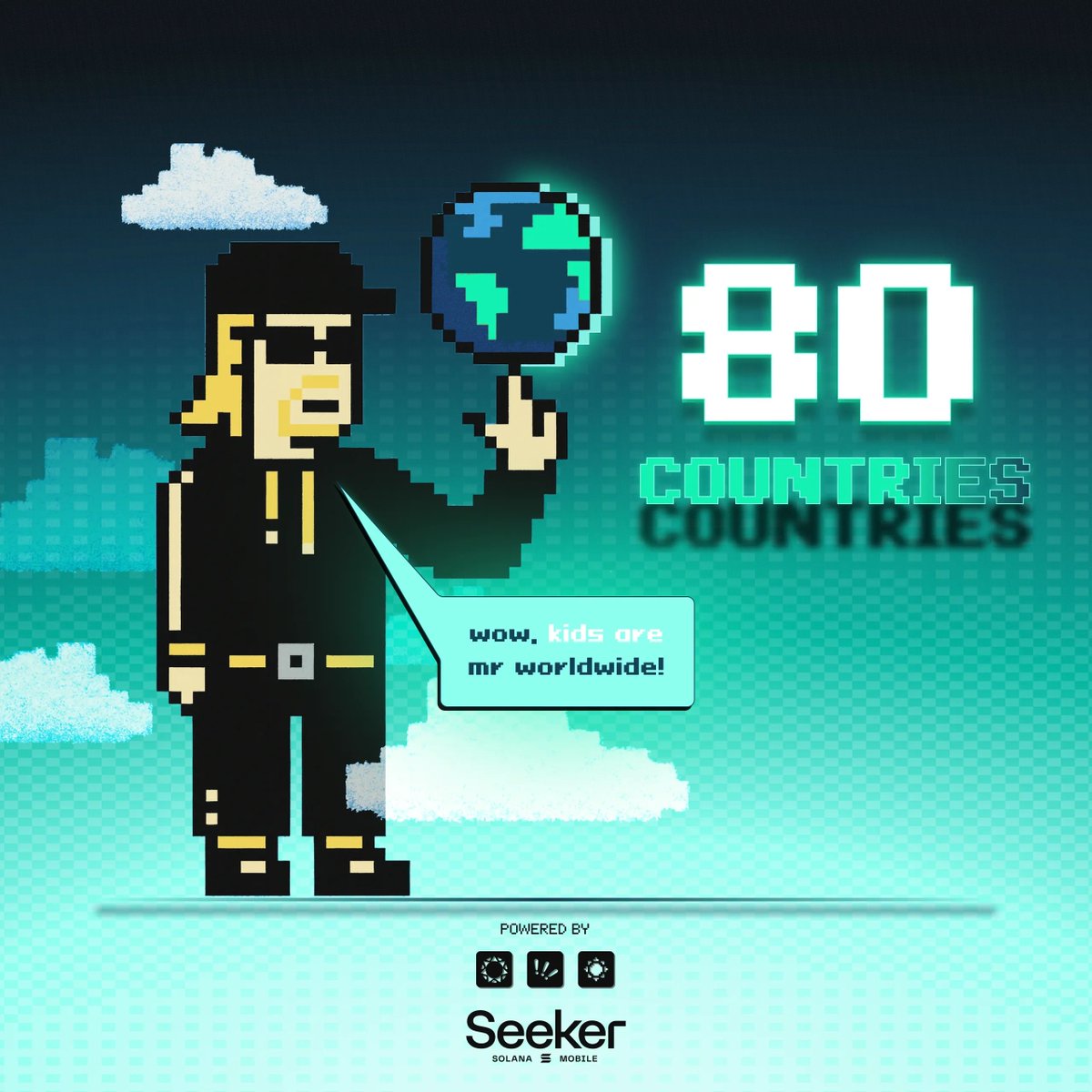 「80 COUNTRIES」のテキストが入った地球を持つピクセルアートのキャラクター