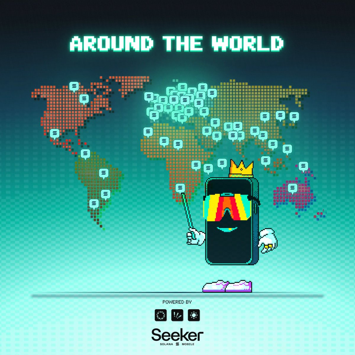 吹き出しが散りばめられた世界地図と「AROUND THE WORLD」のテキスト、電話キャラクターをフィーチャー