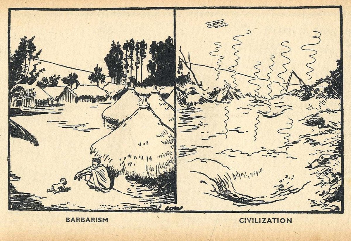 propagandopolis's tweet photo. 'Barbarism / Civilization' — British cartoon published shortly after Italy's invasion of Ethiopia in October 1935. https://t.co/qrrDYJbN1v