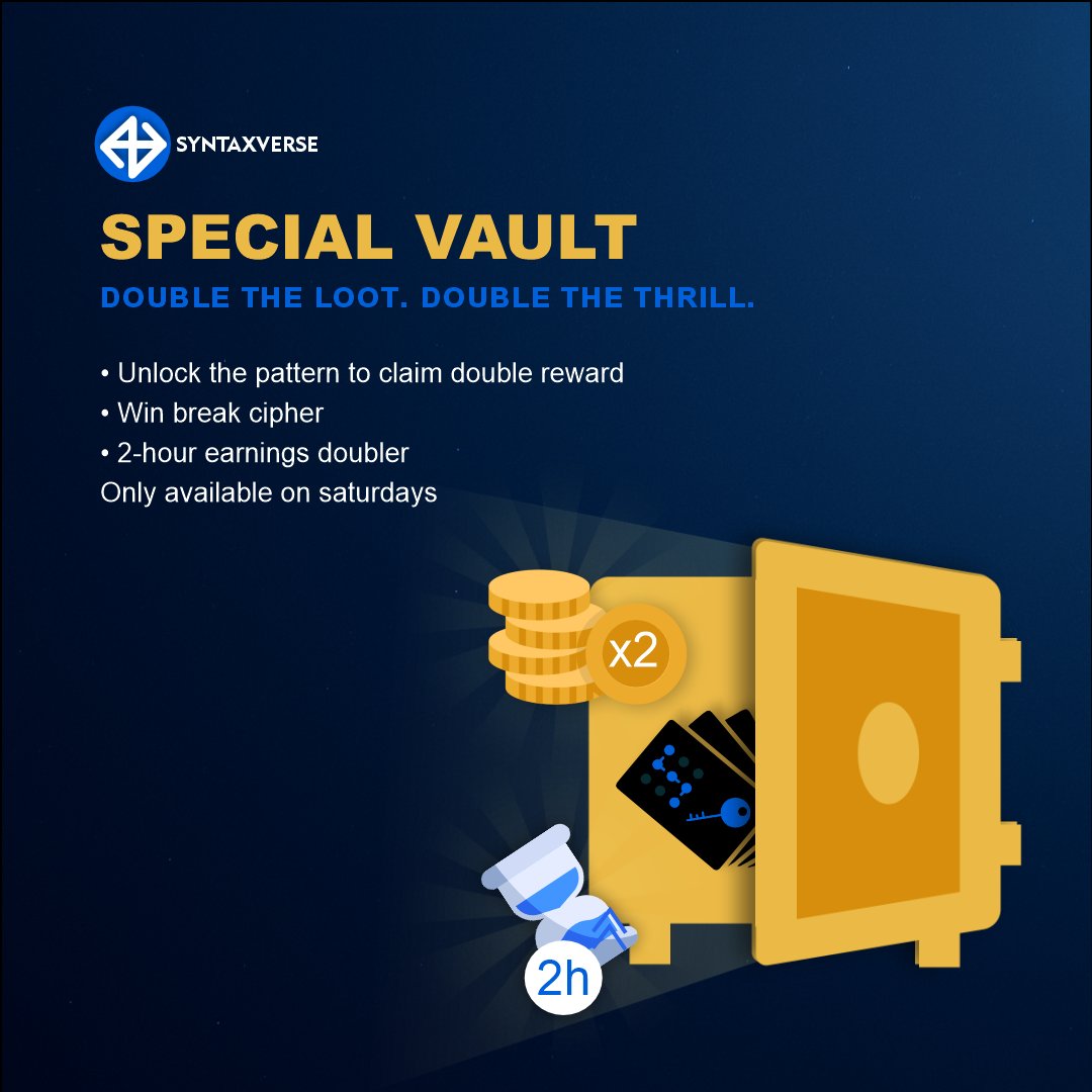 SyntaxVerse's tweet image. 🔐 Special Vault Saturday is here!
Hidden rewards waiting to be cracked open. 🎁
One shot at unlocking the rarest boost. 🔥
Login now, don’t miss out. 🚀
#SpecialVault #SyntaxVerse
