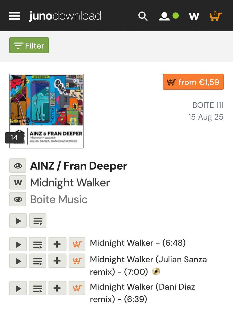 🚀 Midnight Walker is here 🚀
A collaboration between Ainz &amp; Fran Deeper, featuring remixes from Julian Sanza and Dani Diaz 🪩 Nu-Disco meets electronic groove
.
📅 Out Aug 15 Juno Download 
🎧#14 (Top100) Disco / NuDisco 
.
🔗 junodownload.com/products/ainz-…
.
#boitemusic