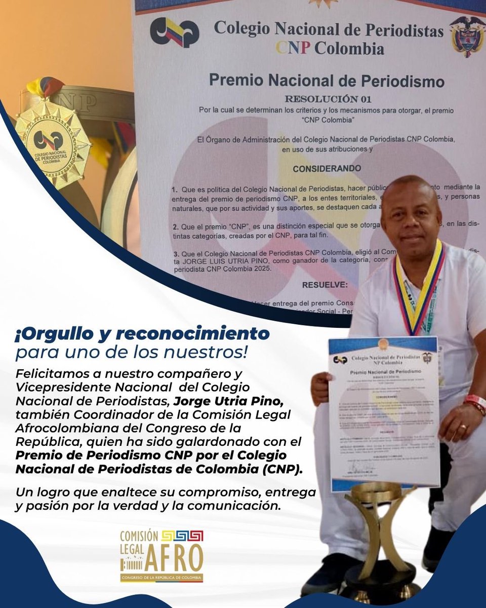 Comisión Legal Afrocolombiana (@afrocomision) on Twitter photo Desde la @comisionlegalafrocol felicitamos a nuestro Coordinador, Jorge Luis Utria Pino <a href="/JORGELUISUTRIA/">@JORGE LUIS UTRIA PINO :.🇨🇴⭐️</a> , galardonado con el Premio Nacional de Periodistas 2025 en la categoría Consagración, Vida y Obra de un Periodista. Reconocimiento a su trayectoria, verdad y democracia. 🖋️✨ Desde la @comisionlegalafrocol felicitamos a nuestro Coordinador, Jorge Luis Utria Pino <a href="/JORGELUISUTRIA/">@JORGE LUIS UTRIA PINO :.🇨🇴⭐️</a> , galardonado con el Premio Nacional de Periodistas 2025 en la categoría Consagración, Vida y Obra de un Periodista. Reconocimiento a su trayectoria, verdad y democracia. 🖋️✨