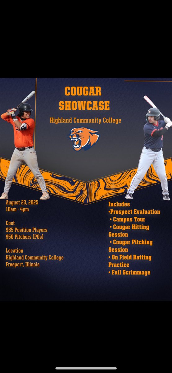 Highland CC Baseball (@hcc_cougars) on Twitter photo 1 week from our Fall Showcase!! 
Come showcase your abilities in front of our staff! 
📆 Saturday August 23rd
⏰ 10am-4pm
🚨 Class of 2026 & 2027
💵 $50 for PO’s & $65 for Position players and 2-ways
🏟️ Highland Baseball Field
Register now 👇🏻
docs.google.com/forms/d/e/1FAI… 1 week from our Fall Showcase!! 
Come showcase your abilities in front of our staff! 
📆 Saturday August 23rd
⏰ 10am-4pm
🚨 Class of 2026 & 2027
💵 $50 for PO’s & $65 for Position players and 2-ways
🏟️ Highland Baseball Field
Register now 👇🏻
docs.google.com/forms/d/e/1FAI…