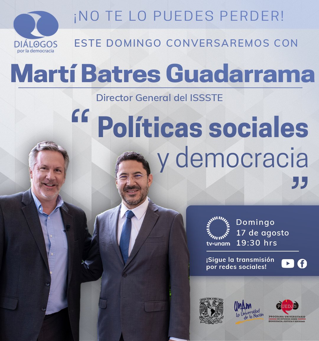Es un destacado doctor en  Estudios Latinoamericanos con una larga carrera en la lucha social y en la construcción de una alternativa de nación.

Actualmente es Director General del <a href="/ISSSTE_mx/">ISSSTE</a> 🏥

Él es <a href="/martibatres/">Martí Batres</a> y nos acompaña en #DiálogosPorLaDemocracia este domingo 17 de