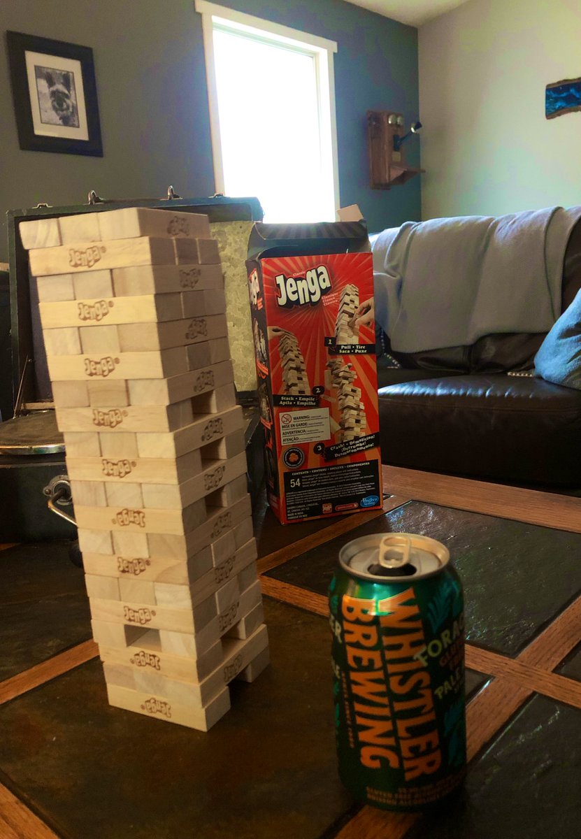 Nice little Friday night at the Burkee house.  Listening to Day by day by Doug and the slugs, playin’ JENGA and enjoying a GF🍺 from <a href="/Whistlerbrewing/">Whistler Brewing</a> #FridayNight