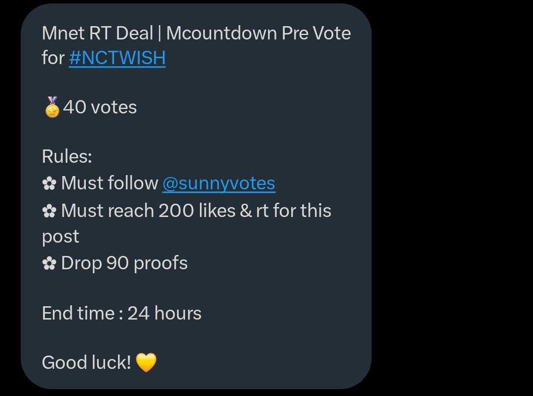 nctwishvoting's tweet photo. Mnet RT Deal | Mcountdown Pre Vote for #NCTWISH 

🏅40 votes

Rules:
✿ Must follow @sunnyvotes 
✿ Must reach 200 likes &amp; rt for this post
✿ Drop 90 proofs

End time : 24 hours

Good luck! 💛 https://t.co/uEmB1sR4BO