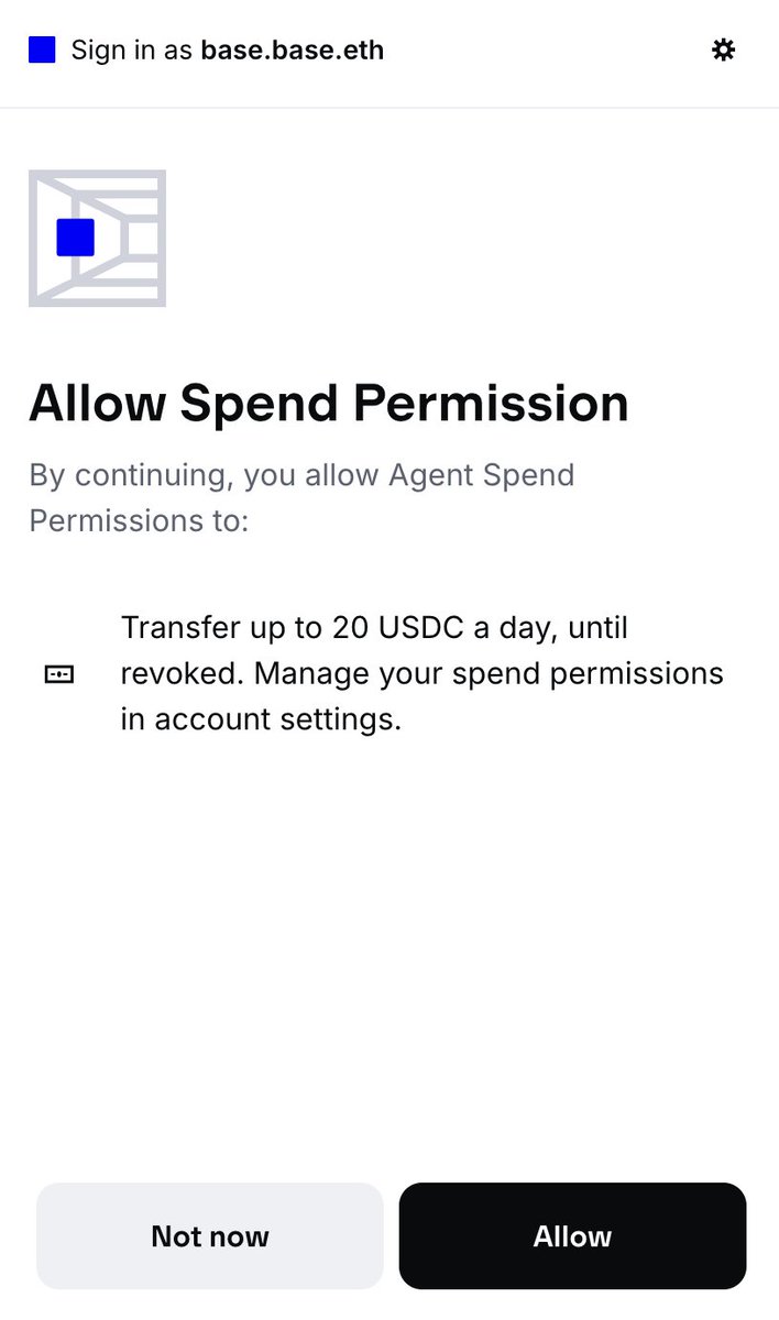 Wallet interface prompting to allow spend permission for up to 20 USDC per day