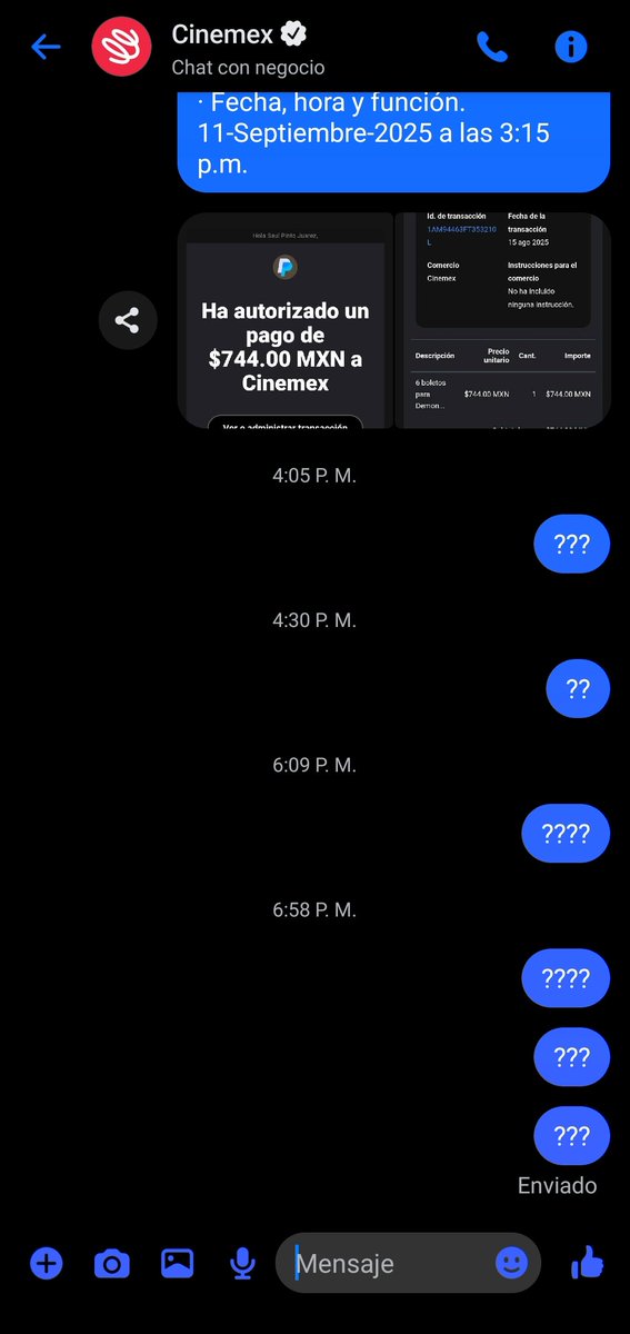 ZaulPinto's tweet photo. @Cinemex compré 6 boletos para ver Demon Slayer en explanada Puebla. Se realizó el cobro pero no me dieron los boletos 😡
Me enviaron mensaje por messenger a las 12:24 y por Instagram a la 1:42 les di toda la información correspondiente pero ya no me responden los mensajes 😡 https://t.co/DrrNe1FNzy