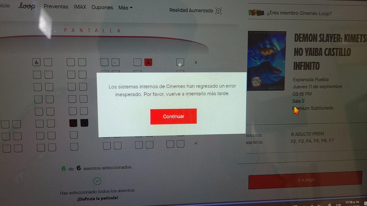ZaulPinto's tweet photo. @Cinemex @Cinemex compré 6 boletos para ver Demon Slayer en explanada Puebla. Se realizó el cobro pero no me dieron los boletos 😡
Me enviaron mensaje por messenger a las 12:24 y por Instagram a la 1:42 les di toda la información correspondiente pero ya no me responden los mensajes 😡 https://t.co/OMg0L5UqpF