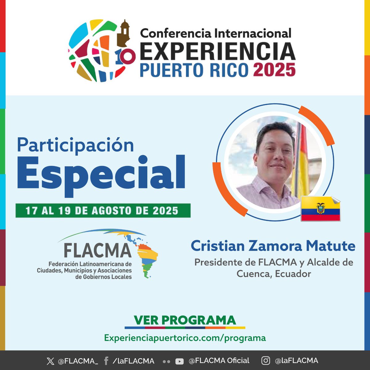 Nuestro Presidente y Alcalde de <a href="/CuencaGlobal/">Cuenca Internacional</a>, <a href="/czamoramatute/">Cristian Zamora M</a>🇪🇨, encabeza delegación #FLACMA que participa en #ExperienciaPuertoRico y en nuestro Comité Técnico

Será conferencista y sostendrá encuentros bilaterales con dirigentes de asociaciones nacionales y organismos invitados