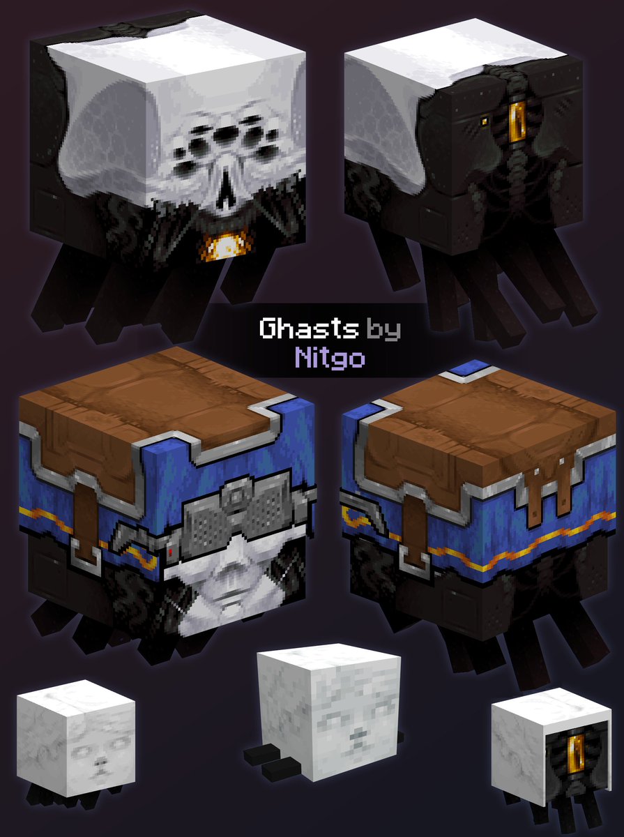 I just finished texturing pretty much all of the Minecraft ghast related items except one thing, but I'll do that tomorrow. What do you think of these lads over here?
#Minecraft #PixelArt