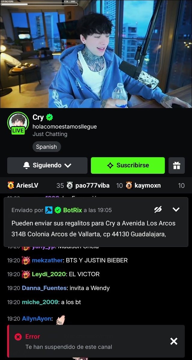 sindylu36's tweet photo. @xCryboy Hoy tranqui viendo y escribiendo en el chat y de la nada me suspendieron, juro que no escribí nada obsceno como dice Cry, simplemente creo les caigo mal o no se porque ya me lo han hecho varias veces 😭😭😭 https://t.co/icC7xVGz2L