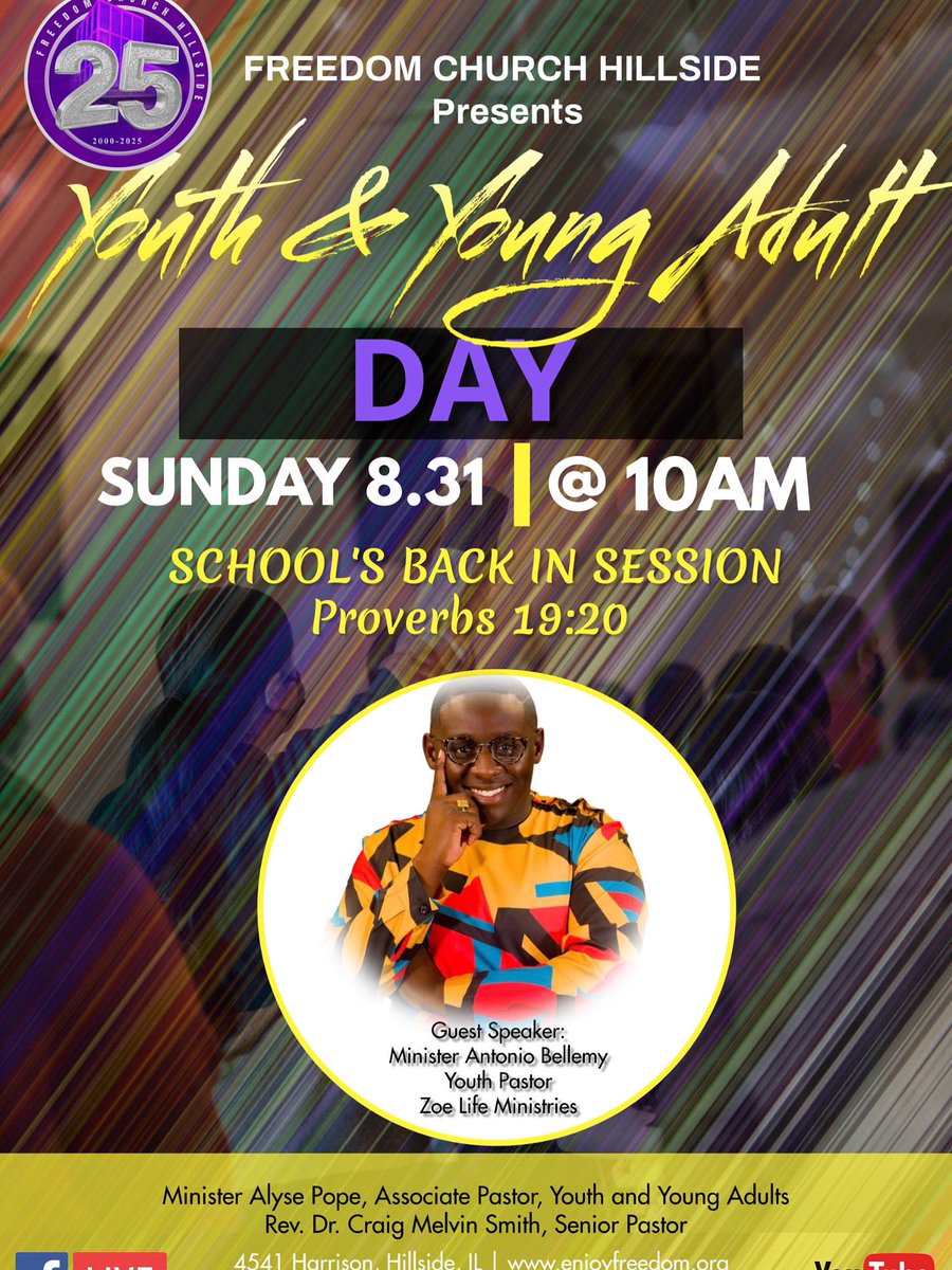 EnjoyFreedomC's tweet photo. Join Freedom Church Hillside Sunday, Aug. 31st for Youth &amp; Young Adult Day Live! Youth Pastor, Minister Antonio Bellamy of Zoe Life Ministies will be the guest speaker. There’s somewhere here for everyone, regardless of your stage of life. Find your place in Freedom. https://t.co/T6yZcGO2lZ