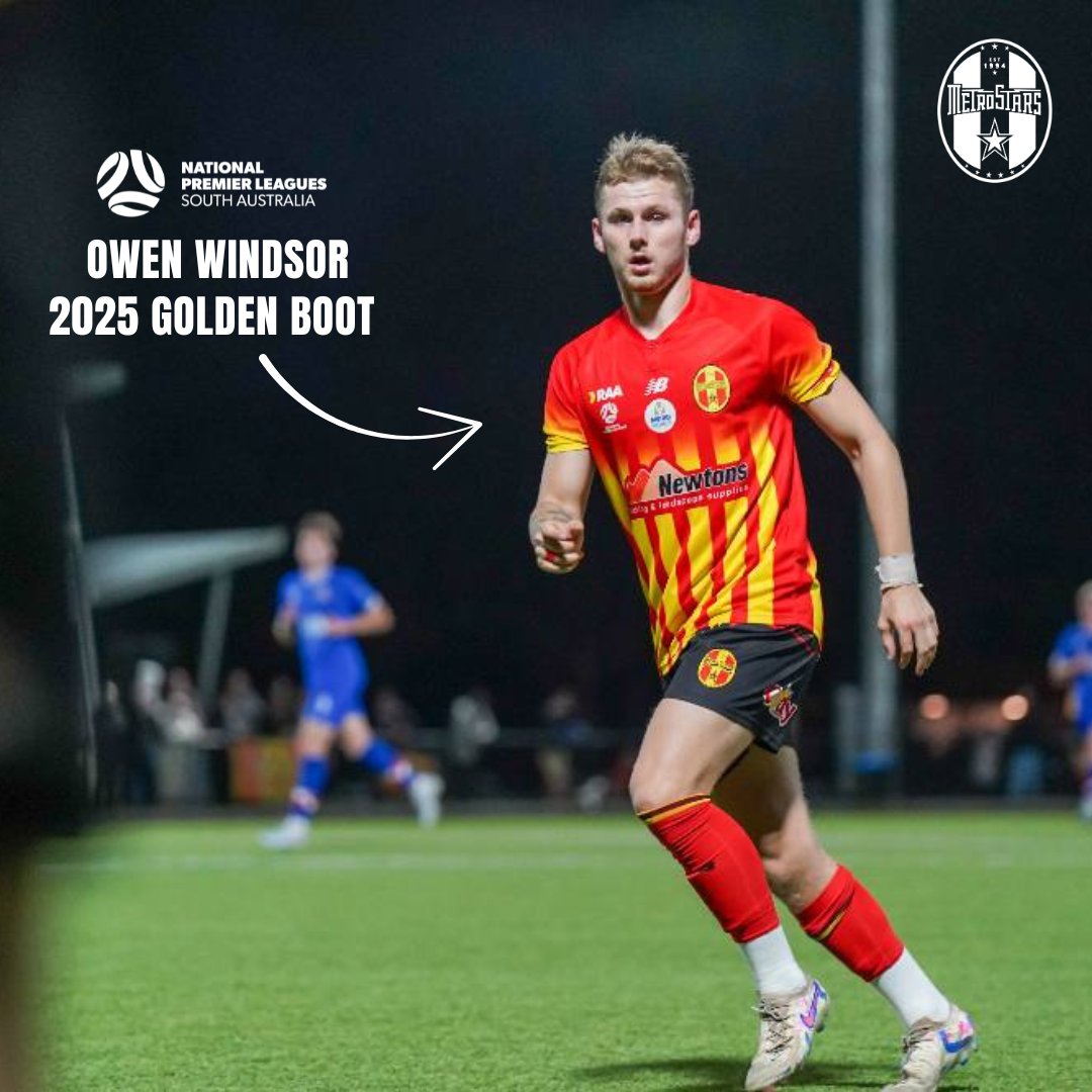 Congratulations to Owen Windsor who is now officially the National Premier League South Australia Golden Boot winner for season 2025!

Windsor scored 15 League goals in 21 matches.

MetroStars' strikers have won the last three Golden Boot award in the NPL SA competition.