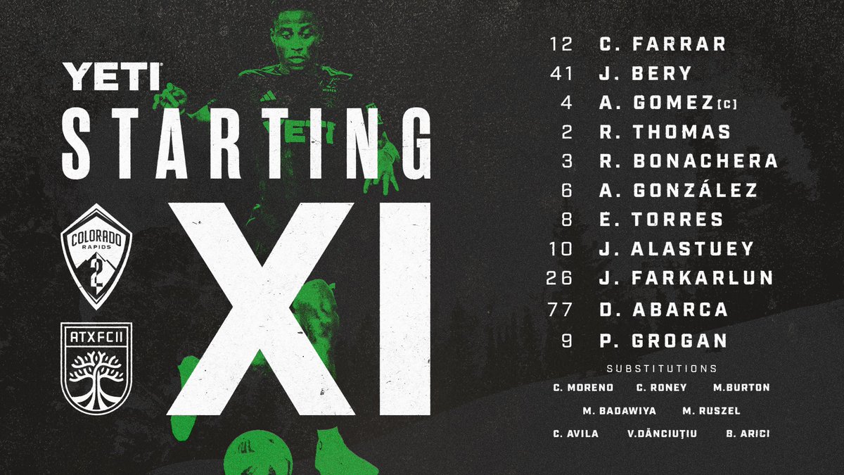AustinFCII's tweet photo. Tonight’s Starting XI to take on Colorado Rapids 2!
#AustinFCII x @YETICoolers https://t.co/IApAWnp8C1