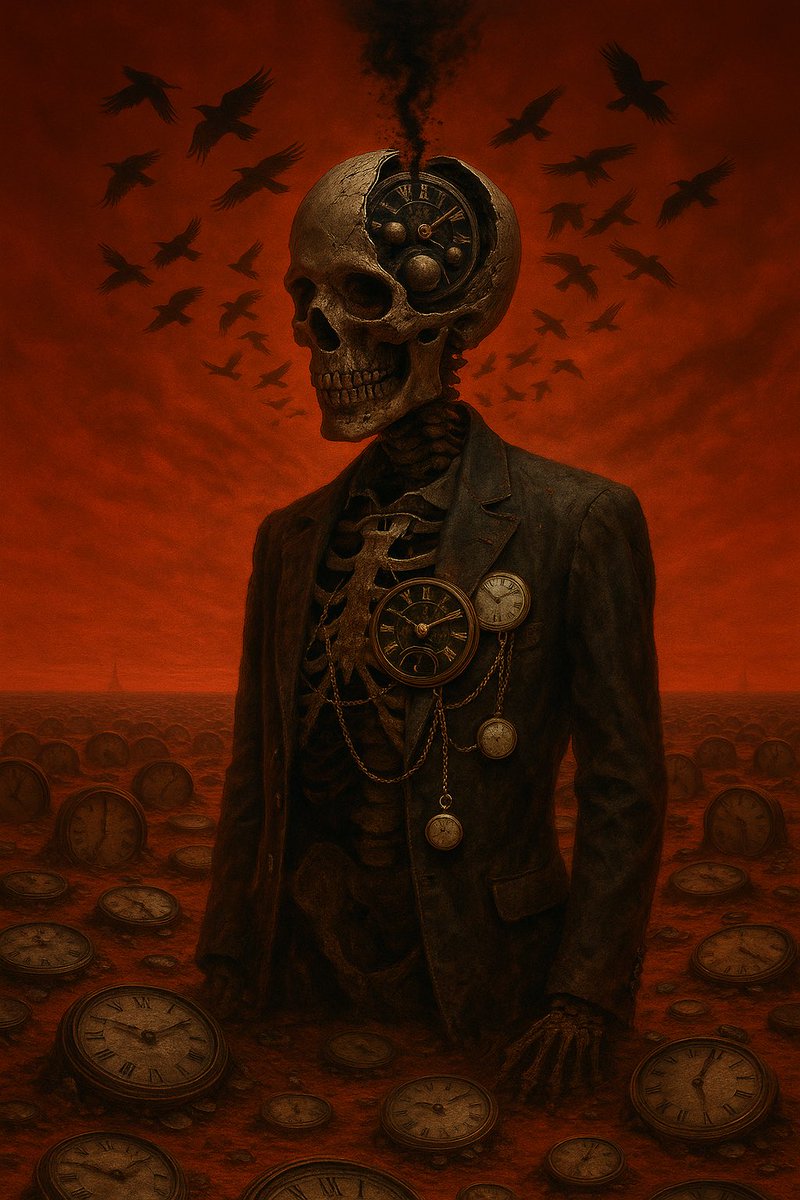 SubAiArt's tweet photo. He counted time until there was none left. Now, he wears the weight of eternity. #DarkFantasy #SkeletonArt #ClockworkSoul #GothicAesthetic #SurrealismArt #AIArtCommunity #DystopianVibes #DigitalDarkArt https://t.co/b1Q62Sp9Tn