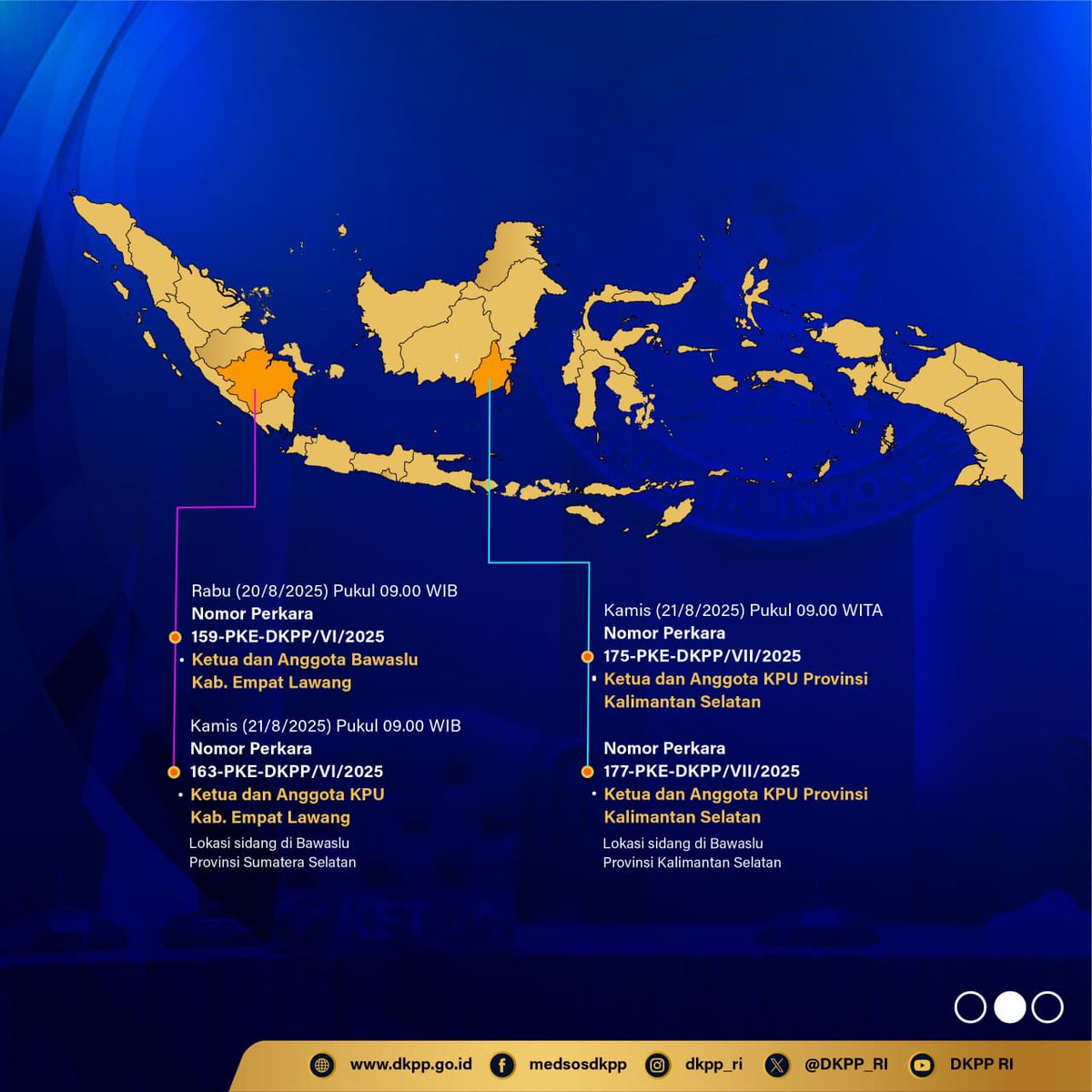 DKPP_RI's tweet photo. Halo, #SobatEtika 

Jadwal Sidang pemeriksaan dugaan pelanggaran Kode Etik Penyelenggara Pemilu (KEPP) yang dilakukan pada 19 - 22 Agustus 2025.

Sidang ini dapat dilihat di akun Youtube DKPP. 

#DKPPRI
#SidangKEPP
#KenaliDKPP https://t.co/RDBhPkAjA0