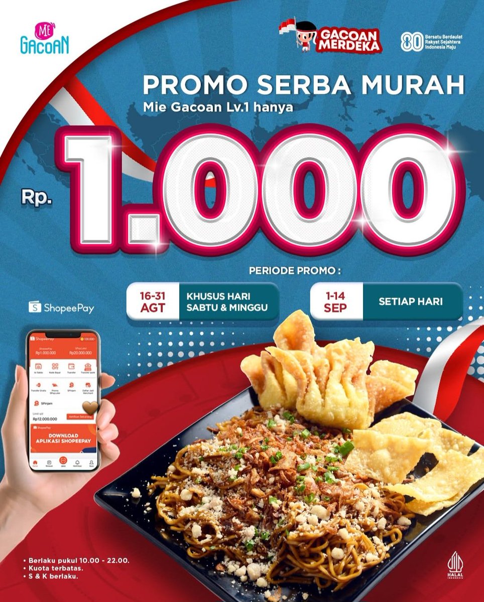 stowrii's tweet photo. Mie Gacoan x Shopeepay Cuma Rp. 1000

* Periode 16-31 Agustus (sabtu minggu)
* Khusus pembayaran di aplikasi shopeepay dan spaylater
* Hanya berlaku di outlet tertentu

Info selengkapnya https://t.co/JePY1QNQ1K

Klaim diskon hingga 90%, cek di sini
https://t.co/XwQpNwRhCU https://t.co/eVMAulsLum
