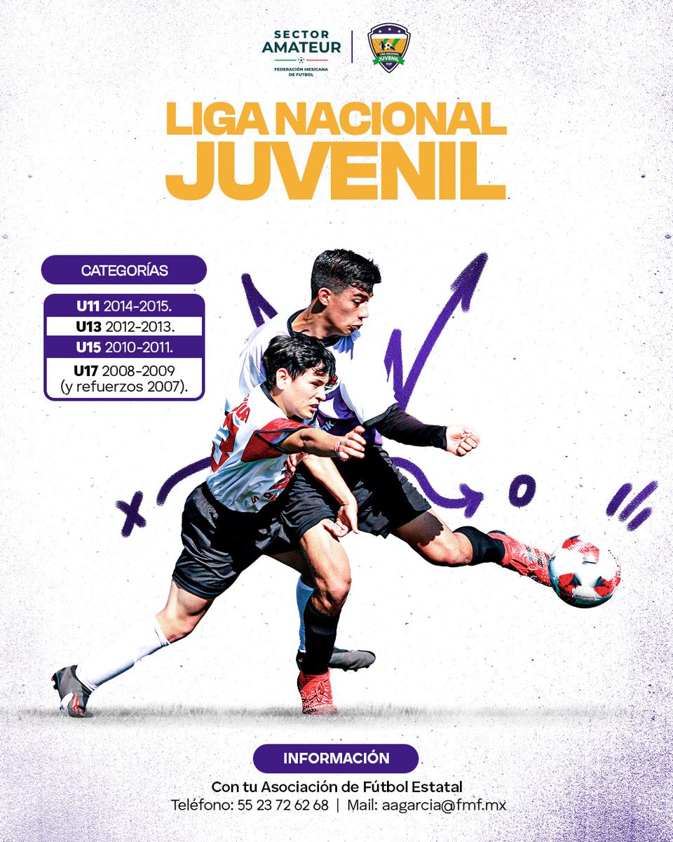 ¡ÚLTIMA LLAMADA! Liga Nacional Juvenil - Tu puerta a #LigaBBVAMX 

⚽  La liga amateur más prestigiosa de México te está esperando. Clubes profesionales, visores y oportunidades reales de crecimiento. Tu futuro futbolístico comienza hoy. 

📱 55 2372 6268
 📧aagarcia@fmf.mx