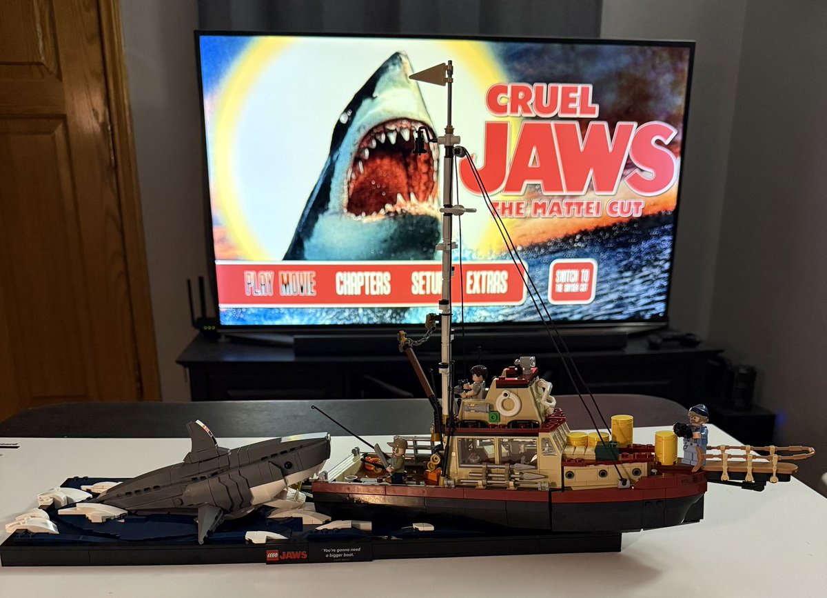 mkostka's tweet photo. The only way to celebrate completing the Lego Jaws set is putting on @SeverinFilms blu-ray of Cruel Jaws aka Jaws 5. https://t.co/gyd6WlNaav