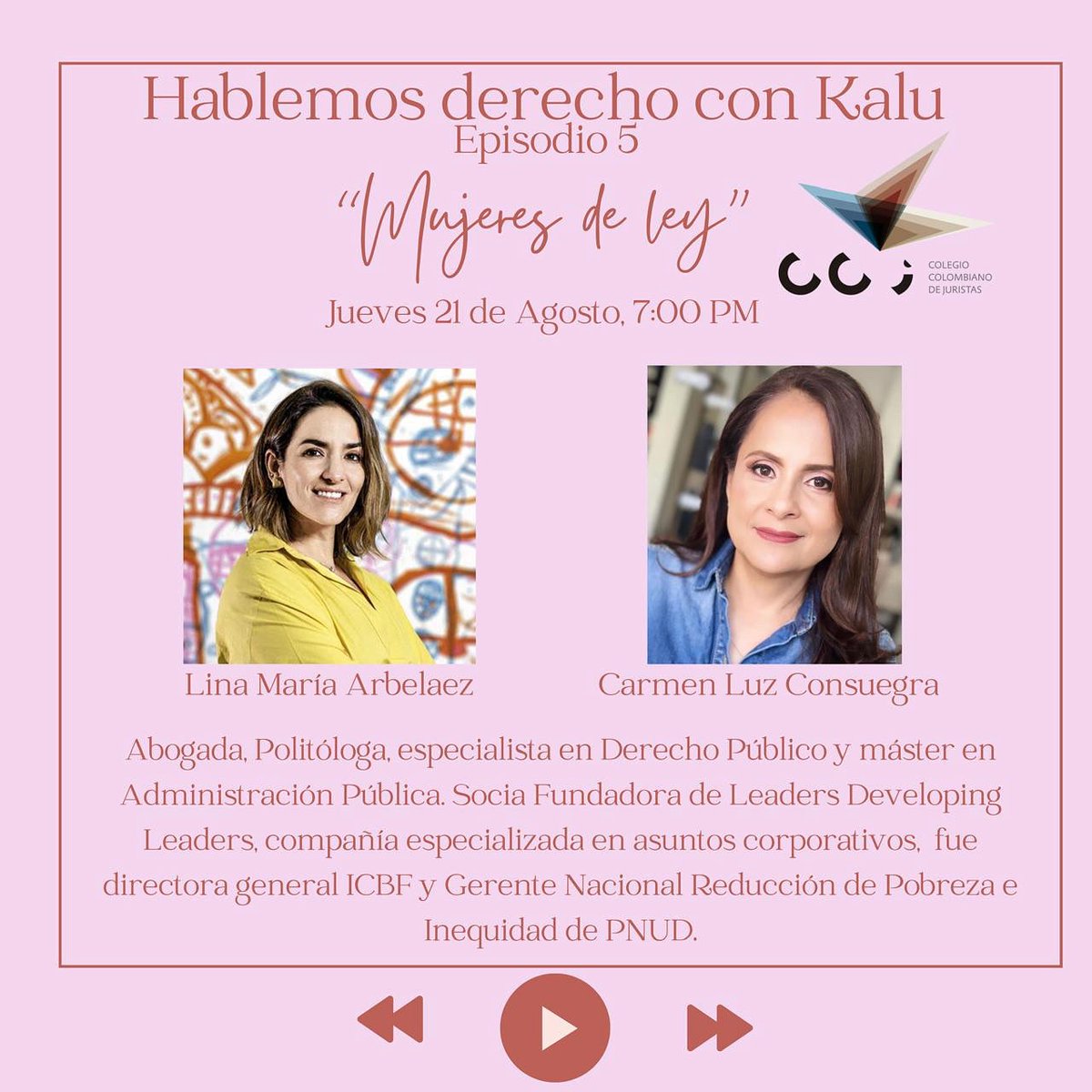 Llega el #episodio5 del #podcast “Hablemos derecho con Kalu” <a href="/ConsuegraLuz/">Carmen Peña</a> jueves 21 de agosto a las 7 pm con una invitada muy especial Lina Arbeláez <a href="/linaarbelaez/">Lina María Arbeláez</a> ex directora del ICB y una de las #mujeres más valiosas del país! Te esperamos 👇