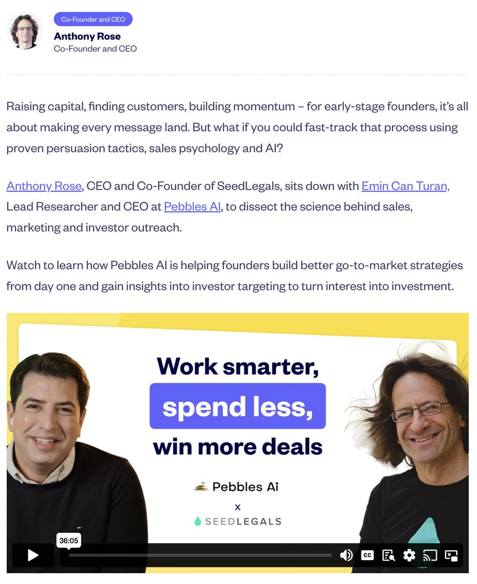 PebblesAi's tweet photo. In this insight-packed chat, @seedlegals CEO & Co-Founder @anthonyrose sits down with @EminCanTuran, our Founder & AI Researcher, to explore how GTM sciences fuel both growth and fundraising.

You’ll learn:

✅ How to use science-led tactics to nail your GTM
✅ How to leverage the platform for fundraising
✅ How to create top-performing outreach campaigns

Watch the podcast here: https://t.co/xu1X2UdwSC