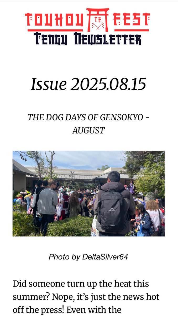 Hey all! TouhouFest here to announce that the August edition of our Tengu Newsletter will be out later today! If you're interested in hearing the latest &amp; greatest happenings in all of Touhou, make sure to subscribe at touhoufest.org!

#touhoufest #touhou #東方Project