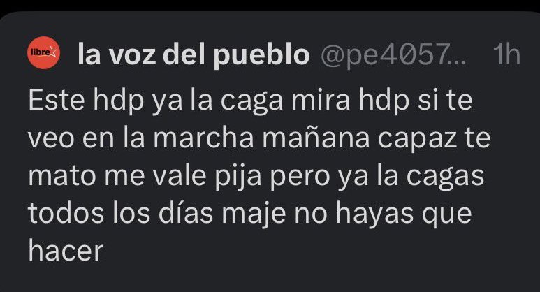 Estos son los mensajes de los fanáticos de la secta de Libre. Será que también el fiscal va a meter preso al dueño de esta cuenta? La cuenta se reportó y la bajaron por difundir amenazas. 
Esta es la realidad que nos enfrentamos.