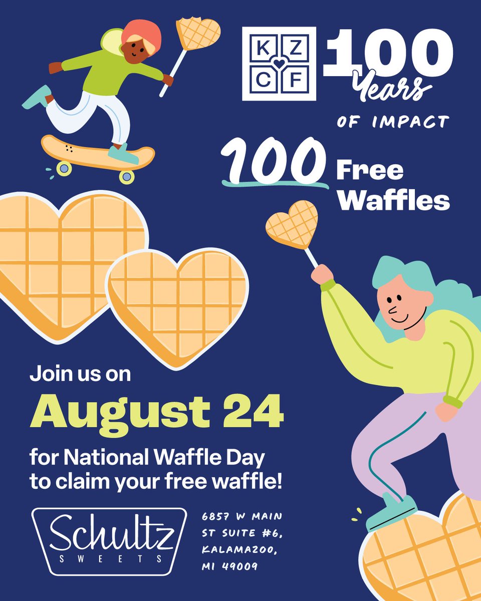 🎉 Celebrate with us! 🎉 

On August 24, KZCF is turning 100 and we want to share the fun with our community. We're partnering with Schultz Sweets to provide 100 customers with a free gourmet waffle to commemorate our special day (it's also National Waffle Day!). 💙 🧇 💚