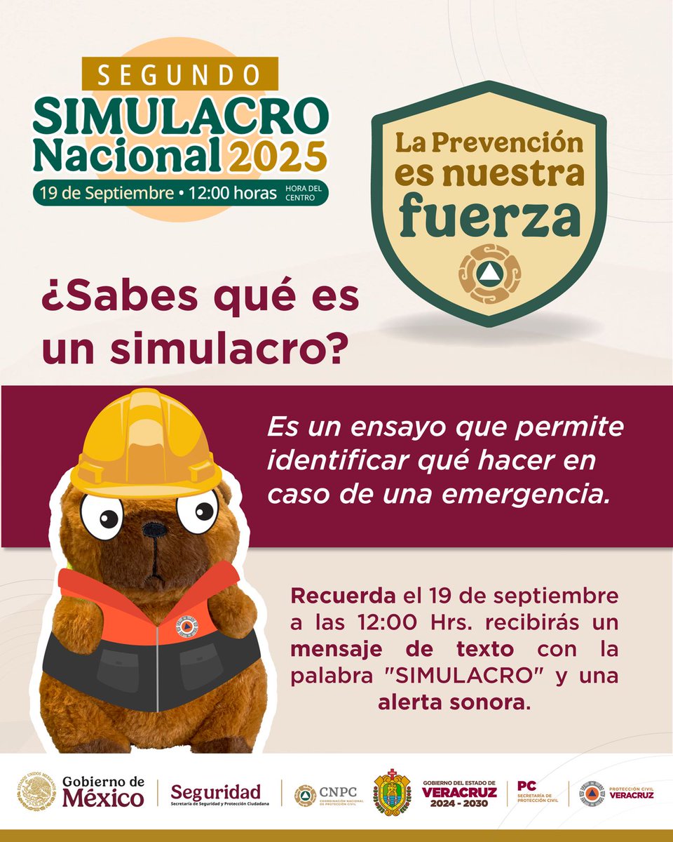 PCEstatalVer's tweet photo. 🦺 Un simulacro no es un simple ejercicio: es una herramienta que salva vidas.

Este 19 de septiembre, #Veracruz se suma al #SegundoSimulacroNacional2025 https://t.co/DVmtBohqDr