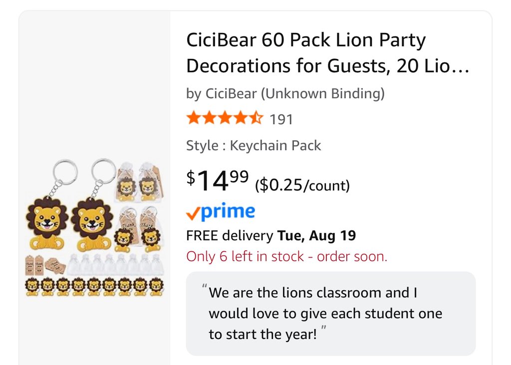 Ahh, only 6 left in stock! 
Can anyone help #clearthelist of these lion keychains? We are the Lions classroom and I would love to have these at Meet the Teacher next week! 

amazon.com/hz/wishlist/ls…