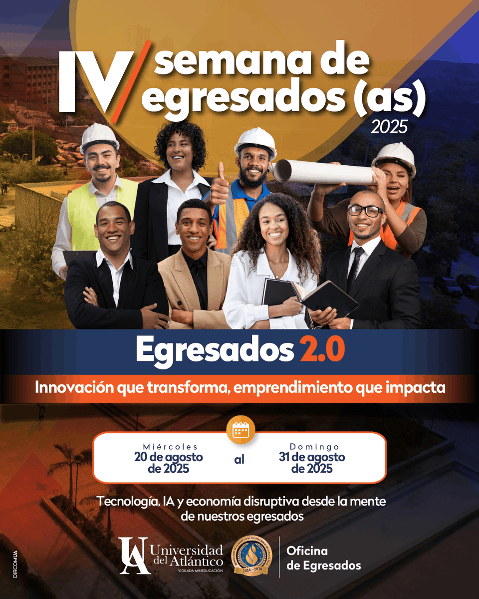 🚨✨ ¡La cuenta regresiva ha comenzado!
La próxima semana llega uno de los momentos más esperados del año… ¡La IV Semana de Egresados de la Universidad del Atlántico! 🎉💙🧡

📅 Del 20 al 31 de agosto de 2025, nos reencontraremos para celebrar lo que nos une: historias, logros y