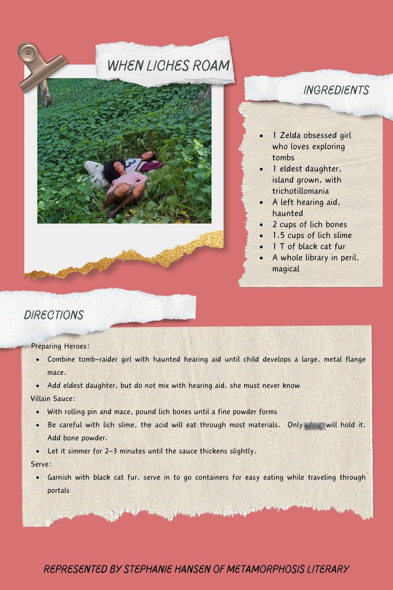 AitchKira's tweet photo. The recipe for When Liches Roam, my #OS #AG #MG #F book, a story about two sisters who save a magical library from monsters who would see it, and the world, destroyed.  #QueerPit https://t.co/aHjxgV5aju