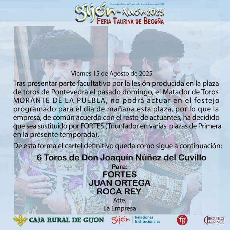 todoestoro's tweet photo. Fortes sustituye a Morante de la Puebla este sábado en Gijón.

El cartel queda con toros de Núñez del Cuvillo para Fortes, Juan Ortega y Roca Rey.

@JimenezFortes 
@juanortegapr 
@RocaRey https://t.co/nmlGRwsrZ9