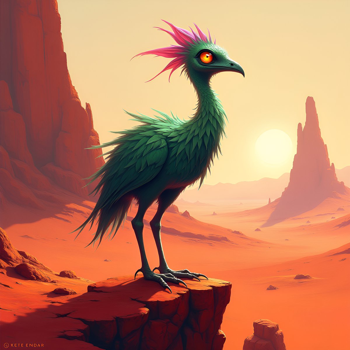 PromptSin's tweet image. Discover this stunning alien bird in a fiery desert! 🦜✨ Explore new worlds today! #SciFiArt #FantasyCreatures