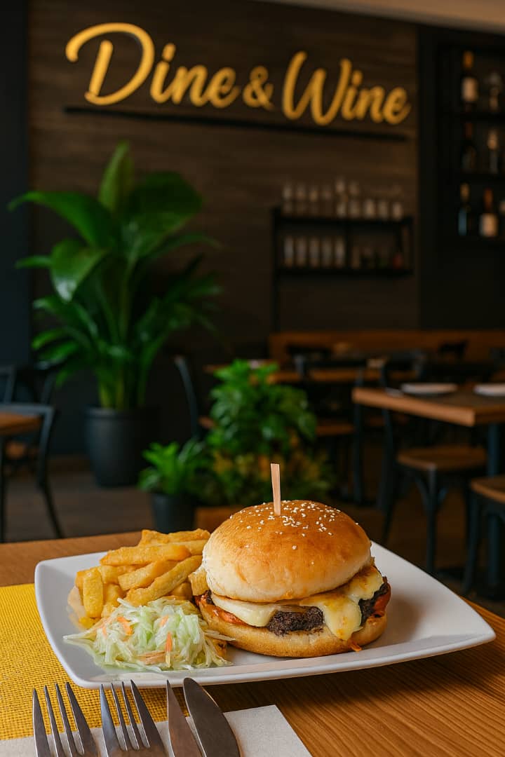 🍔✨ Nothing beats the perfect combo – a juicy burger, golden fries, and fresh slaw, served with love at Dine &amp; Wine Restaurant. 😋💛

Come taste the difference where flavor meets comfort! 🌿🥂

📍 Visit us today &amp; treat yourself to a meal worth remembering.