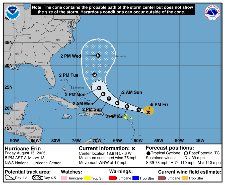 vividweather_vw's tweet photo. #Erin has maintained it's intensity of 65 kts/993 mb since the last advisory. Some shear remains, however #Erin has continued intensifying, and will be a Major Hurricane by early Sunday per the #NHC. Tropical Storm Watches have been issued for some areas of the Lesser Antilles. https://t.co/WEQeAu0hTA