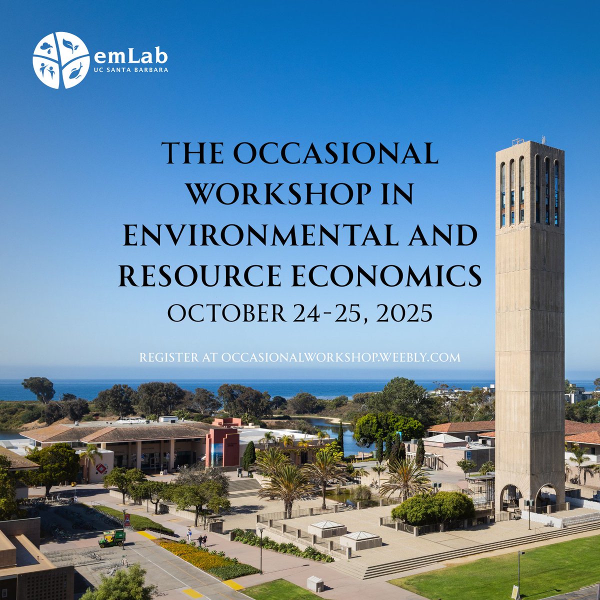 emLabUCSB's tweet image. 📬 Registration is now open for the 22nd Occasional Workshop in Environmental and Resource Economics! Join us in beautiful Santa Barbara, October 24–25, 2025!  

👉 Full list of speakers: occasionalworkshop.weebly.com/program.html 

👉 Register here: occasionalworkshop.weebly.com/registration.h…
