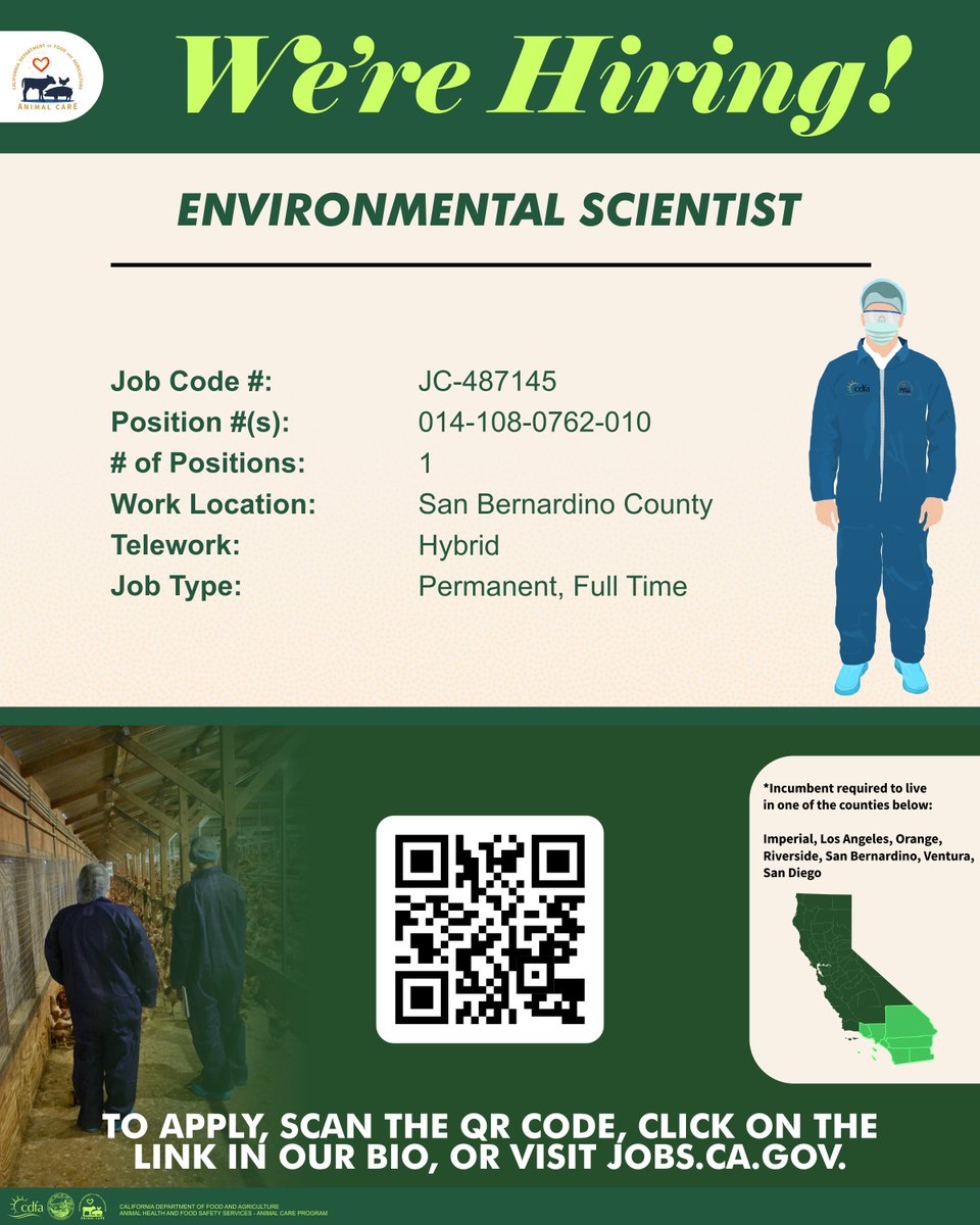 CDFAAnimalCare's tweet photo. We're hiring! The Animal Care Program is looking to hire an Environmental Scientist in Southern California.

🔗 To apply, scan the QR code, click on the link in our bio or visit https://t.co/gvIMtYs6Hc https://t.co/nfN9udYTWy