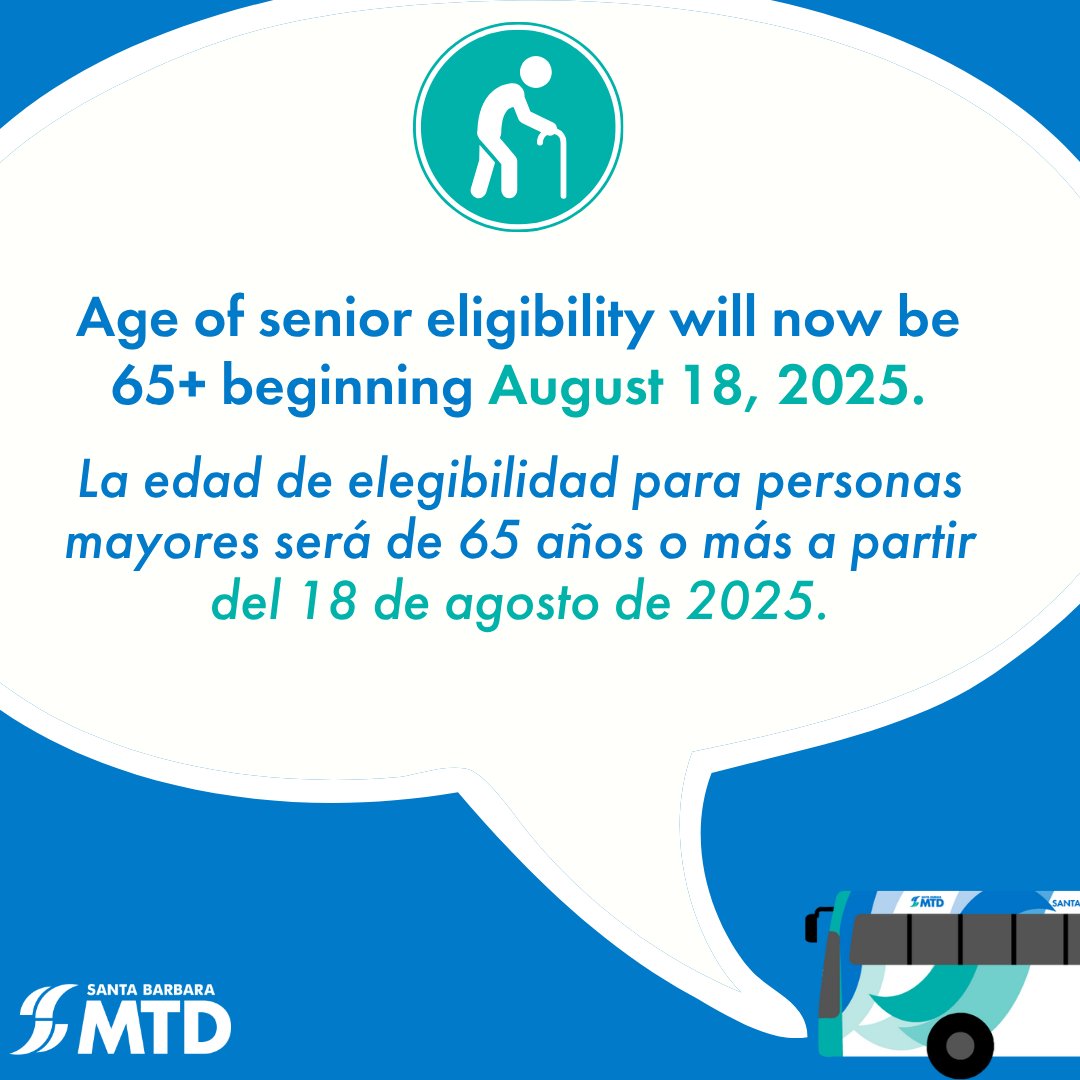 ¡IMPORTANTE CAMBIO DE SERVICIO A PARTIR DEL 18 de agosto de 2025! La edad de elegibilidad para personas mayores será ahora de 65 años o más para que MTD se ajuste a una edad de elegibilidad más estándar. Para obtener información, visite sbmtd.gov/servicechanges.