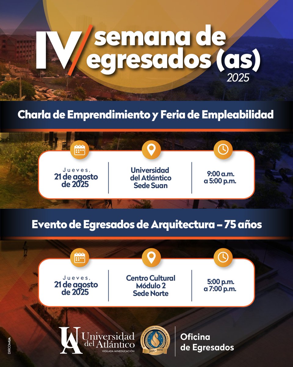 📅 Jueves, 21 de agosto de 2025 será un día imperdible en la Universidad del Atlántico ✨💼🏛️

🌟 Charla de Emprendimiento + Feria de Empleabilidad
📍 Sede Suan
🕘 9:00 a.m. – 5:00 p.m.
Un espacio para aprender, conectar y descubrir nuevas oportunidades laborales y de negocio.
