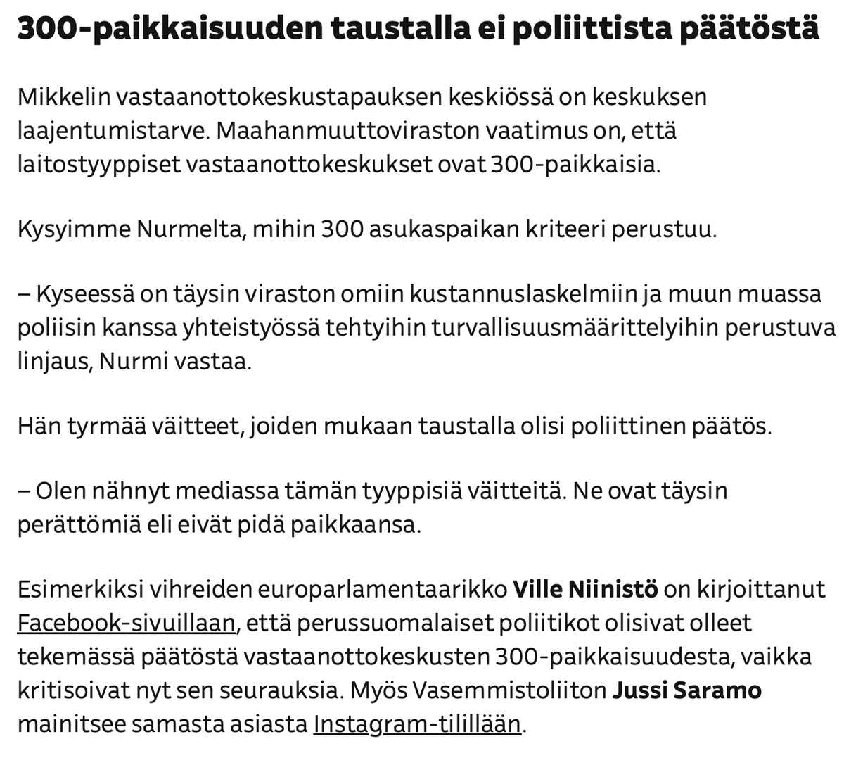 Yllätys yllätys: vihervasemmiston levittämä väite siitä että perussuomalaiset olisivat tehneet 300 hengen vastaanottokeskuksen minimikapasiteetin vaatimuksen onkin ankka.
Jopa Yle uutisoi tämän, hämmästyttävää kyllä.
yle.fi/a/74-20177738