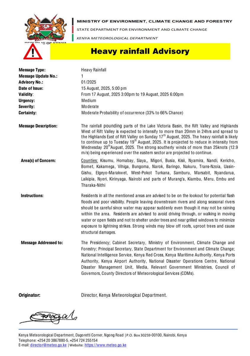 YELLOW WARNING 

🌧️ Heavy Rainfall Advisory 🌧️
📅 17–19 Aug 2025: Rain >20mm/24hrs to pound Lake Victoria Basin, Rift Valley &amp; Highlands W. Rift, spreading to Highlands E. Rift on 17th. Heavy rains ease from 20th. 💨 Strong winds >25knots in eastern sector to persist.

⚠️ Risk of