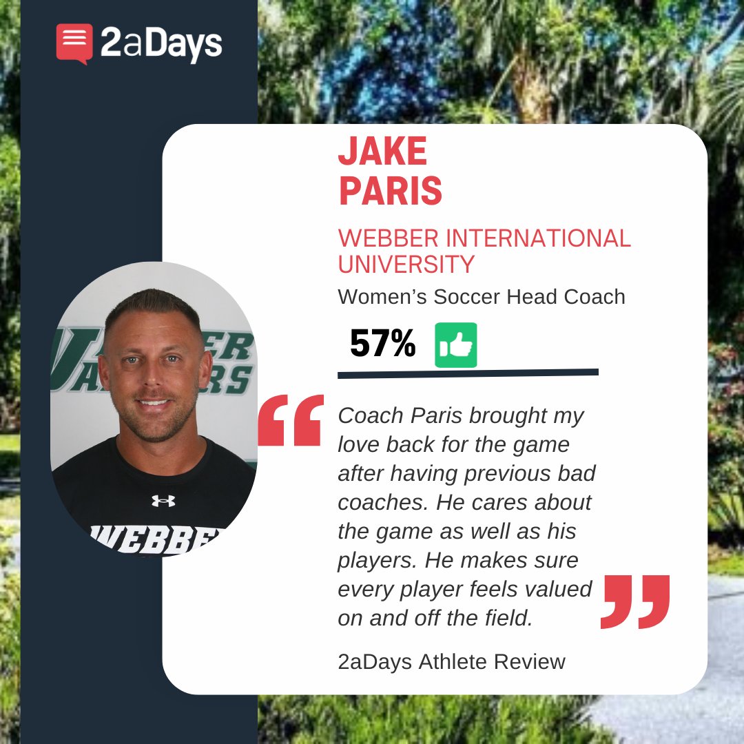 Jake Paris, head coach of <a href="/Webber_edu/">Webber</a> women's #soccer team received a new 5 ⭐  2aDays review this week. The athlete writes that Paris makes them "Wish I Had A Fifth Year". See all of Paris' review &amp; #rateyourcoach: bit.ly/4mfSPBF
#collegesports #collegesoccer #naia