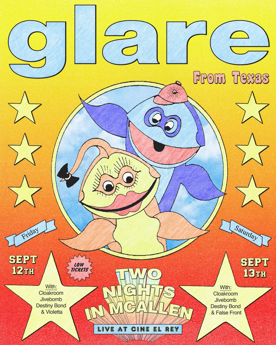 Glare plays two back to back nites at Cine El Rey in McAllen w/Cloakroom, Jivebomb, &amp; Destiny Bond + 1 special guest each nite. All ages shows. Tickets for both dates are on sale now:

9.12 w/Violetta: eventbrite.com/e/139318518739…
9.13 w/False Front: eventbrite.com/e/157874727860…