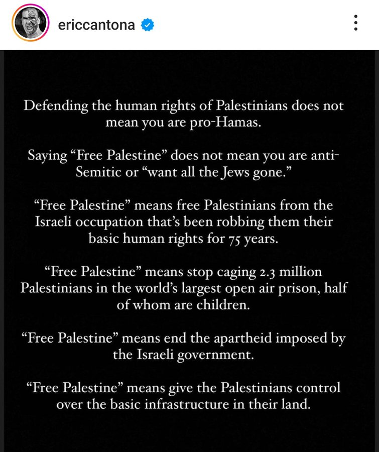 ultras_antifaa's tweet photo. 'Free Palestine' means free Palestinians from the Israeli occupation that’s been robbing them their basic human rights for 75 years.

-Eric Cantona https://t.co/u6NZ73njo4