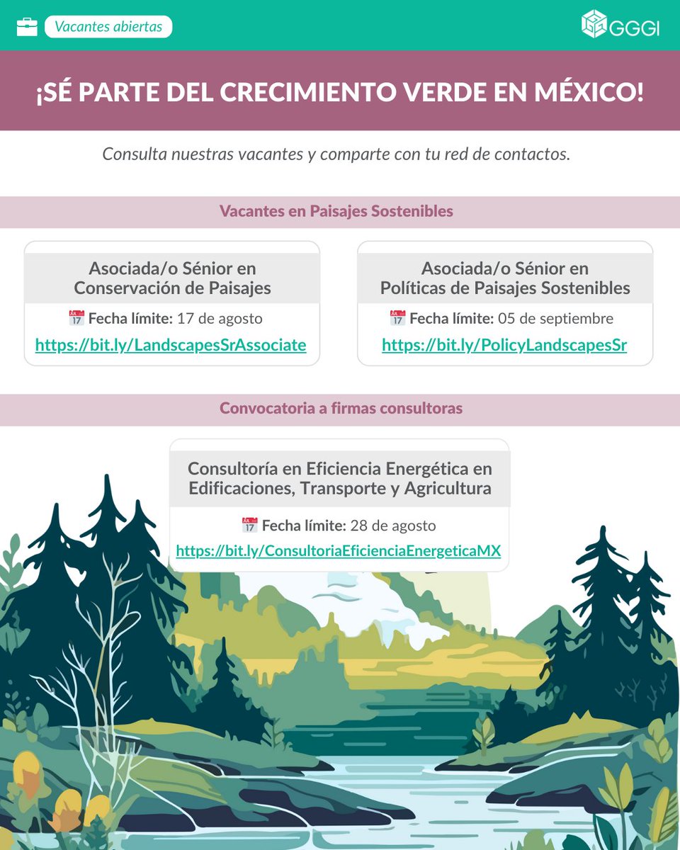 💚 ¡Hoy es #ViernesDeVacantes!​

Estamos buscando especialistas en paisajes sostenibles, políticas y eficiencia energética. También tenemos una convocatoria abierta para firmas consultoras. ​
​
¡Súmate al crecimiento verde!​

​🌱 Vacantes en Paisajes Sostenibles​
Asociada/o