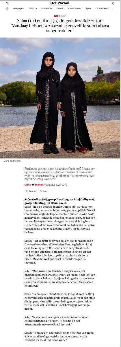 Safaa Ouihya (10) en Ritaj Ouihya (9) zijn vanwege hun geloof volledig bedekt. Iedere vorm van vrijheid is hun letterlijk ontnomen. En waarom? Omdat vrouwen in de islam leren dat zij zich moeten bedekken om de man niet te verleiden. Maar wat zegt het over de islam als een meisje